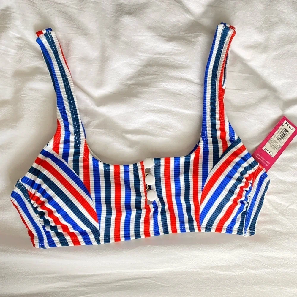 NWT Xhilaration Ribbed Red Blue White Blue Stripe Button Bikini Top Size Medium